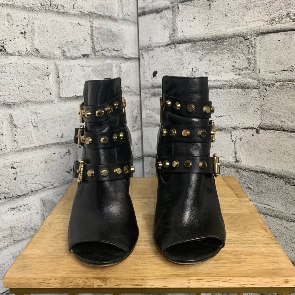 Michael Kors Bryn Black Leather Gold Studded Open Toe Stiletto Heel Ankle Bootie